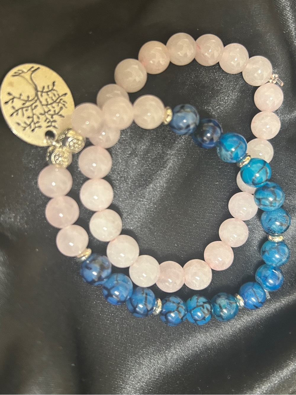 Rose Quartz and Blue Agate Beaded Bracelet Set with Tree of Life Charm
